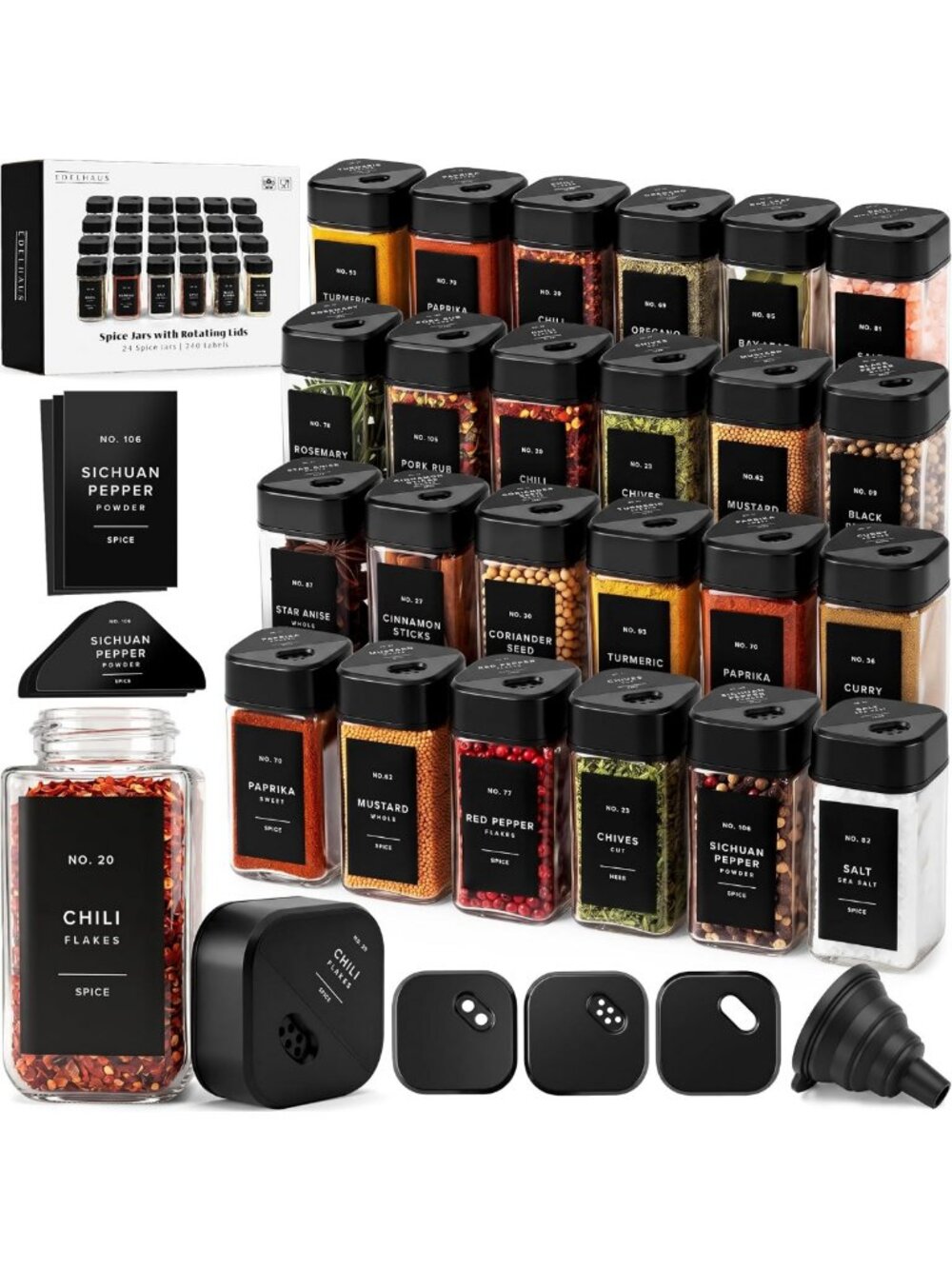 24 Glass Square Spice Jars with Labels & Black Lids - Perfect for Kitchen